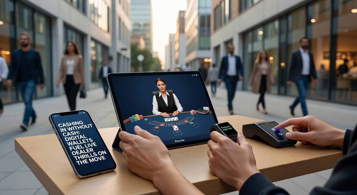 Illustration of various digital wallet apps on a mobile screen next to a live dealer poker table, showing transaction flow