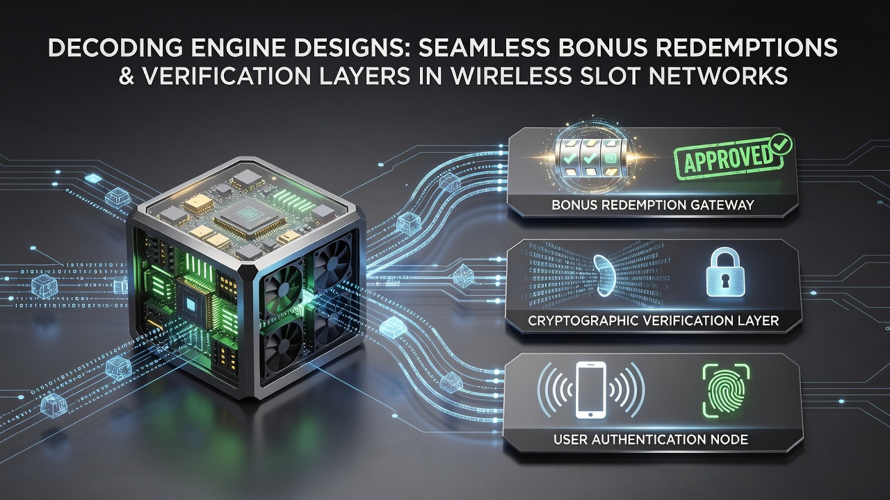 Detailed view of wireless slot network architecture showing interconnected engine components for bonus handling and verification