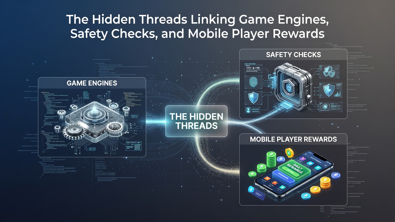 Diagram illustrating connections between game engine code, safety verification layers, and mobile reward distribution flows